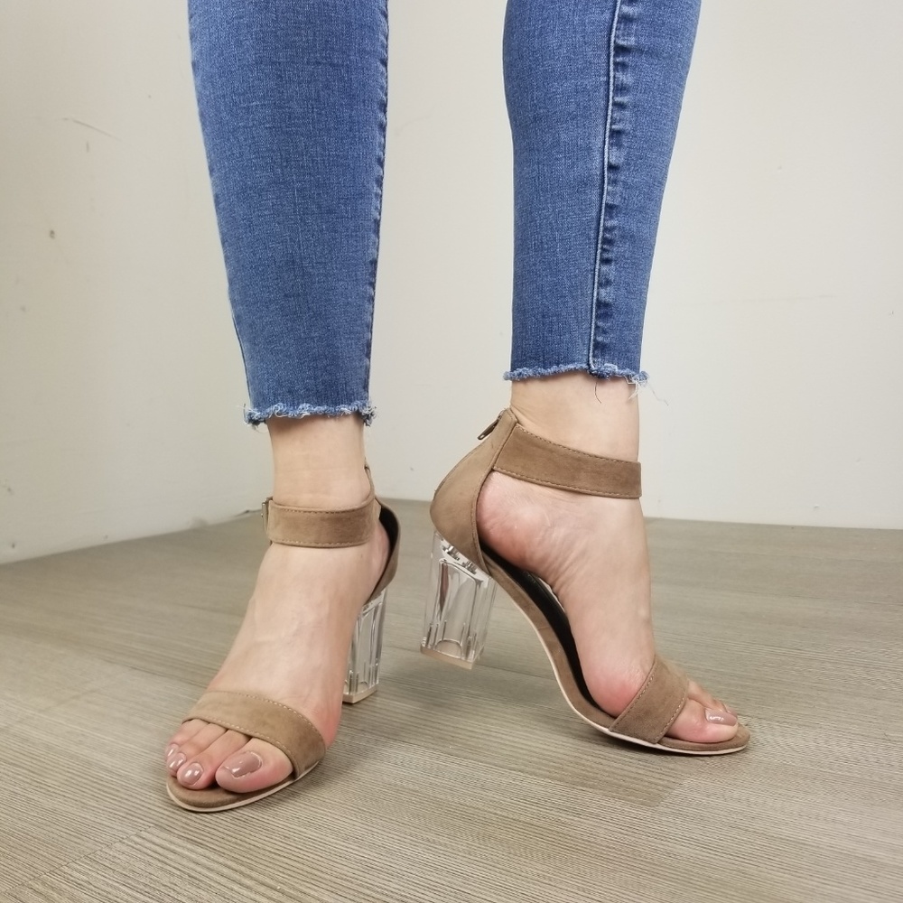 Lucite Clear Heel Tan Vegan Suede Heel Sandal -c1 - Picture 8 of 8